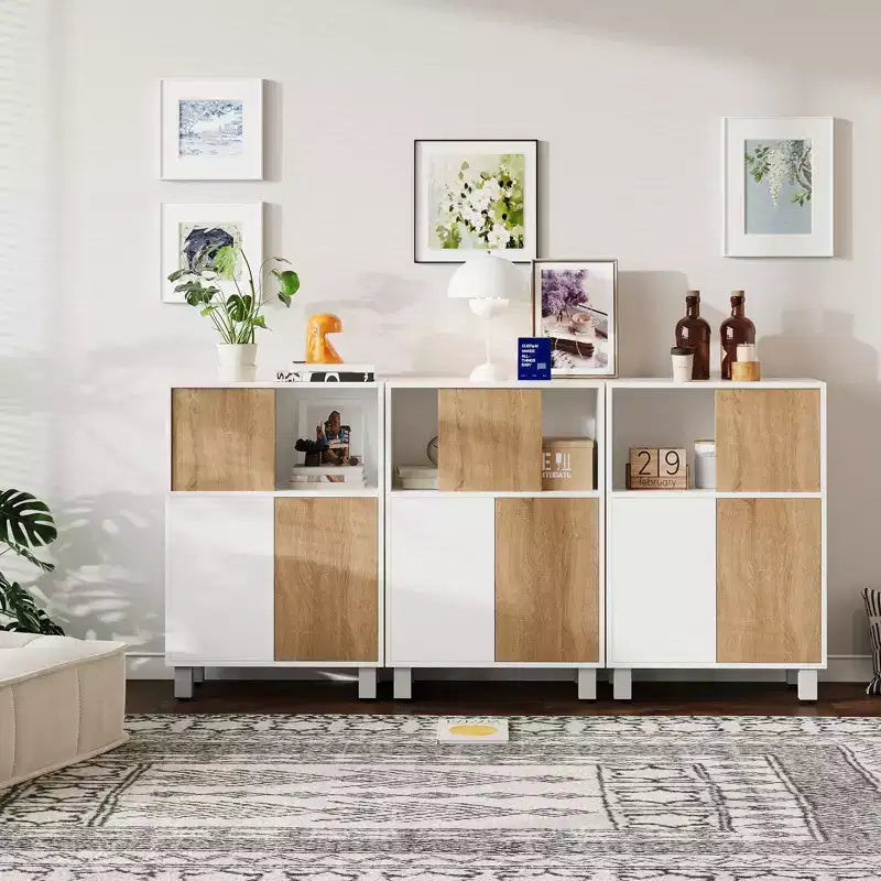 Holzschrank - Sideboard mit Schiebetüren, verstellbaren Einlegeböden, Eckschrank, kompaktes Bücherregal