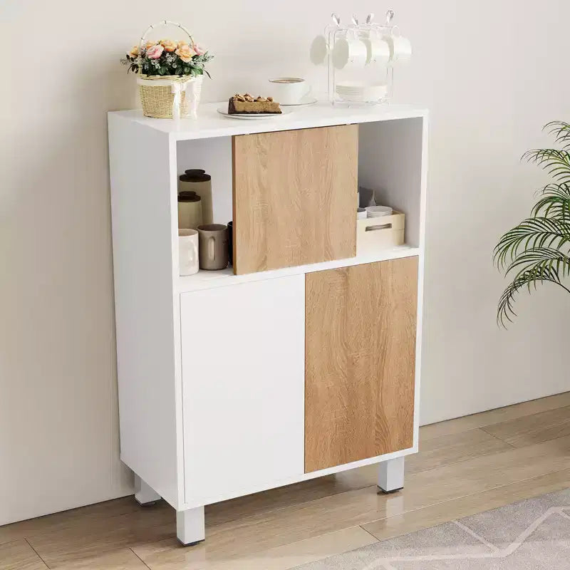 Holzschrank - Sideboard mit Schiebetüren, verstellbaren Einlegeböden, Eckschrank, kompaktes Bücherregal