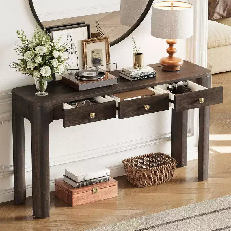 Okak Vintage Konsolentisch aus Holzfurnier mit 3 Schubladen & abgerundeten Ecken,Eleganter Beistelltisch für Foyer,Flur,Wohnzimmer