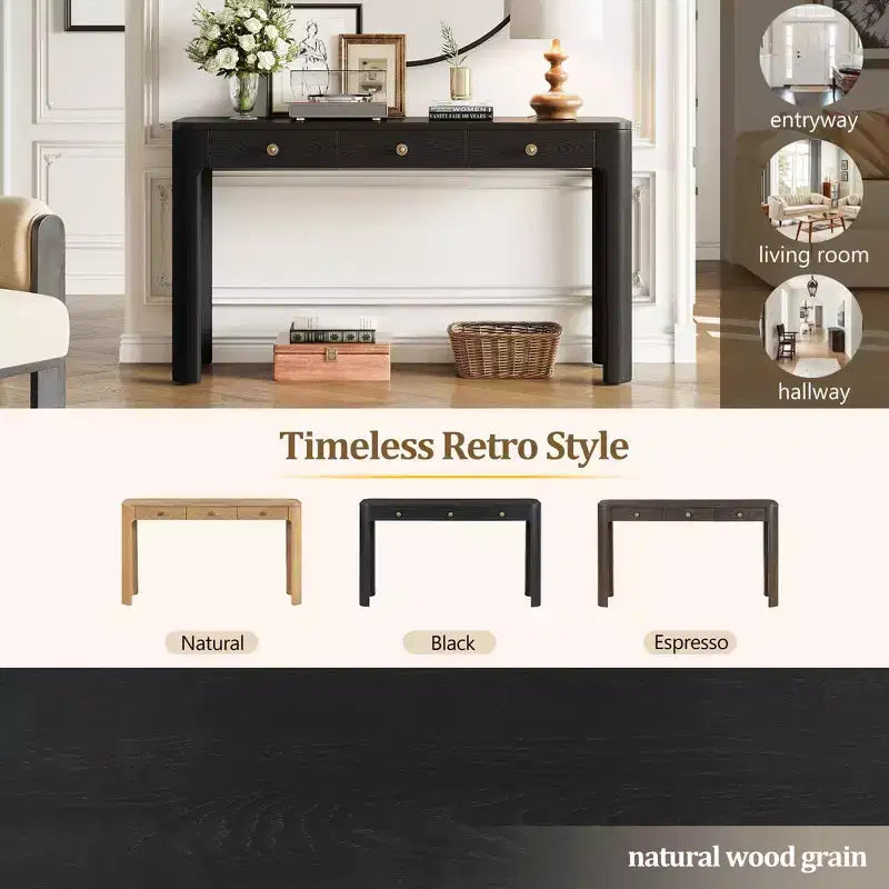Okak Vintage Konsolentisch aus Holzfurnier mit 3 Schubladen & abgerundeten Ecken,Eleganter Beistelltisch für Foyer,Flur,Wohnzimmer