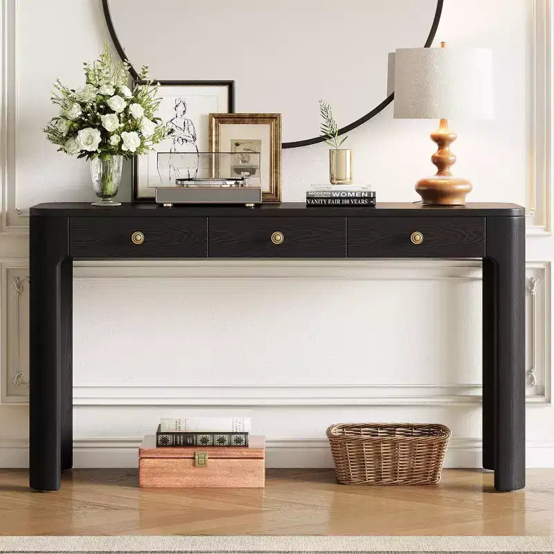 Okak Vintage Wood Veneer Console Table with 3 Storage Drawers & Curved Corners,Elegant Entryway Table for Foyer,Hallway,Living Room