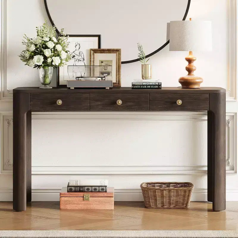 Okak Vintage Konsolentisch aus Holzfurnier mit 3 Schubladen & abgerundeten Ecken,Eleganter Beistelltisch für Foyer,Flur,Wohnzimmer