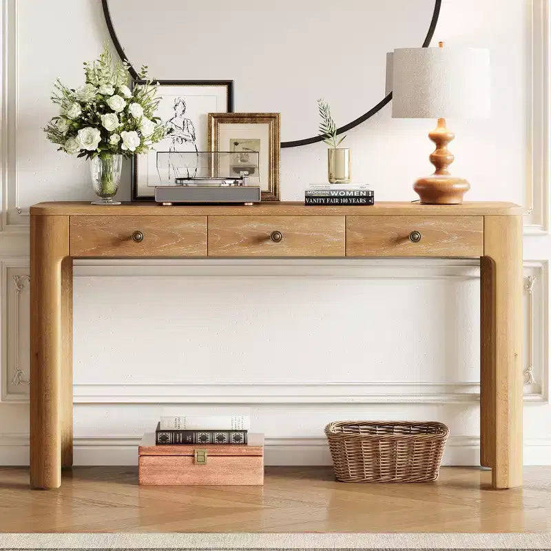 Okak Vintage Konsolentisch aus Holzfurnier mit 3 Schubladen & abgerundeten Ecken,Eleganter Beistelltisch für Foyer,Flur,Wohnzimmer