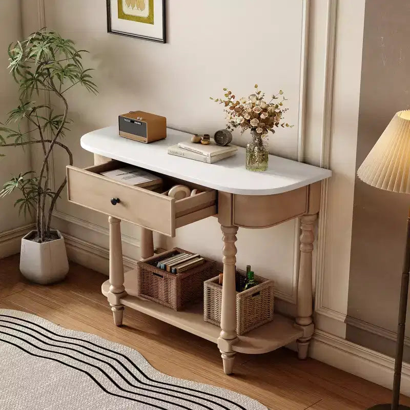 Vintage schmaler Konsolentisch mit Stauraum, Holz-Eingangstisch mit oberer Schublade und offenem Regal, Retro-Sofatisch für Eingangsbereich und Flur