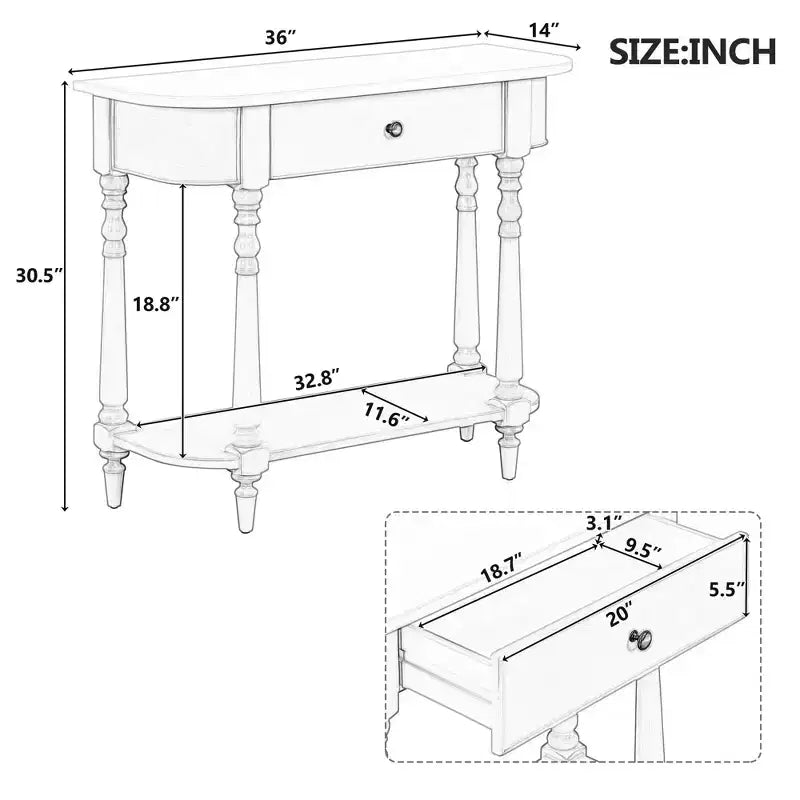 Vintage schmaler Konsolentisch mit Stauraum, Holz-Eingangstisch mit oberer Schublade und offenem Regal, Retro-Sofatisch für Eingangsbereich und Flur