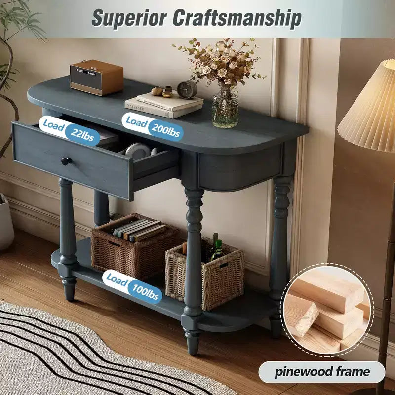 Vintage schmaler Konsolentisch mit Stauraum, Holz-Eingangstisch mit oberer Schublade und offenem Regal, Retro-Sofatisch für Eingangsbereich und Flur