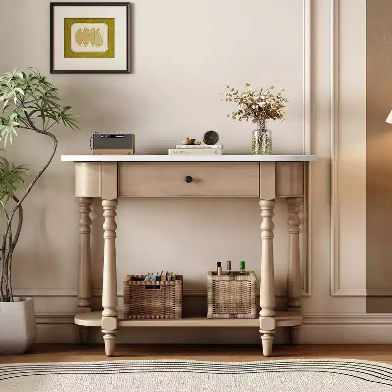 Vintage Narrow Console Table with Storage, Wood Entryway Table with Top Drawer and Open Shelf, Retro Sofa Table for Entryway and Hallway