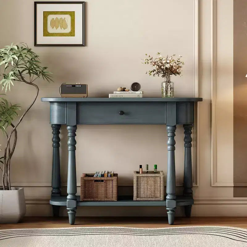 Vintage schmaler Konsolentisch mit Stauraum, Holz-Eingangstisch mit oberer Schublade und offenem Regal, Retro-Sofatisch für Eingangsbereich und Flur