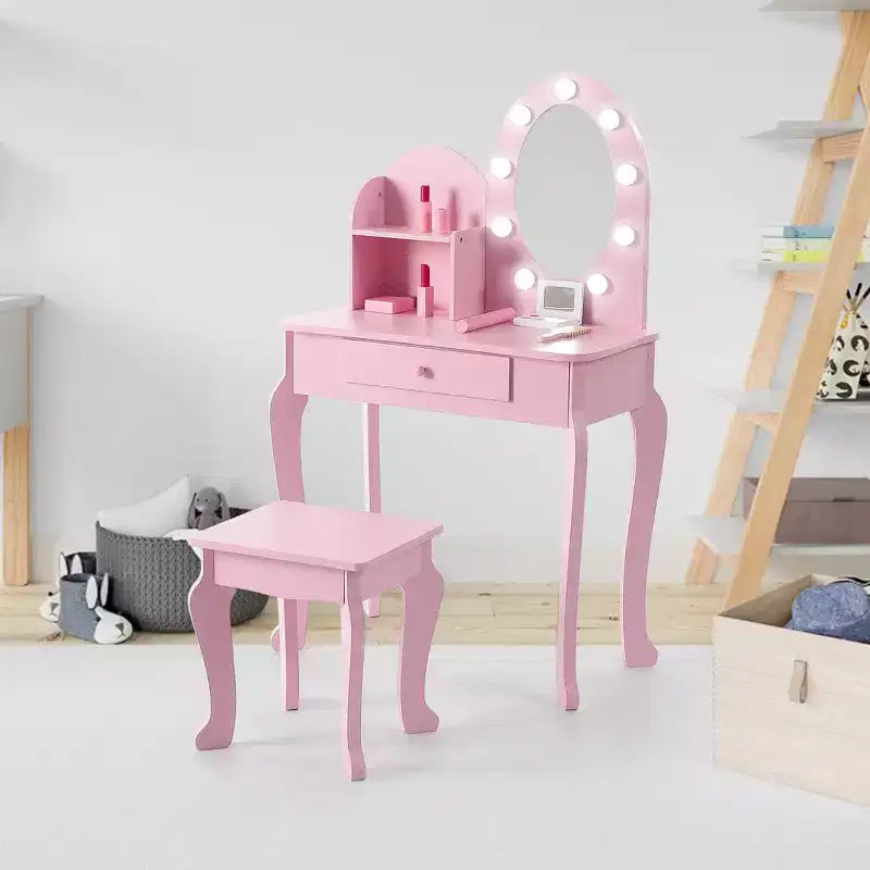 Kids Princess Vanity Set, Little Girl Pretend Play Make Up Vanity Table and Stool with Lighted Mirror, Makeup Playset, Storage Drawer