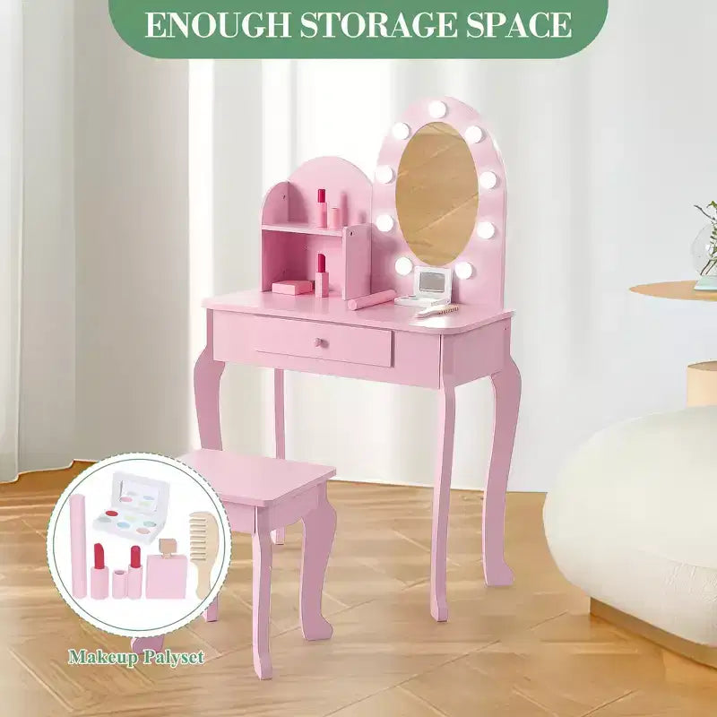 Prinzessinnen-Schminktisch für Kinder, kleiner Schminktisch und Hocker für Mädchen zum Spielen mit beleuchtetem Spiegel, Make-up-Spielset, Aufbewahrungsschublade