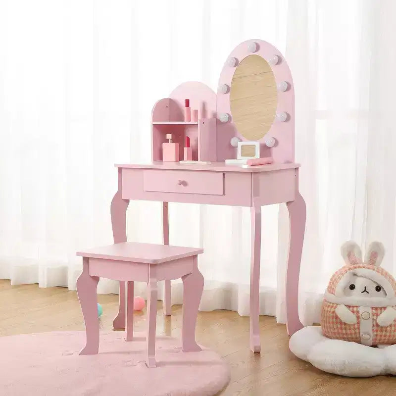 Prinzessinnen-Schminktisch für Kinder, kleiner Schminktisch und Hocker für Mädchen zum Spielen mit beleuchtetem Spiegel, Make-up-Spielset, Aufbewahrungsschublade