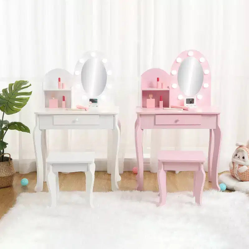 Prinzessinnen-Schminktisch für Kinder, kleiner Schminktisch und Hocker für Mädchen zum Spielen mit beleuchtetem Spiegel, Make-up-Spielset, Aufbewahrungsschublade