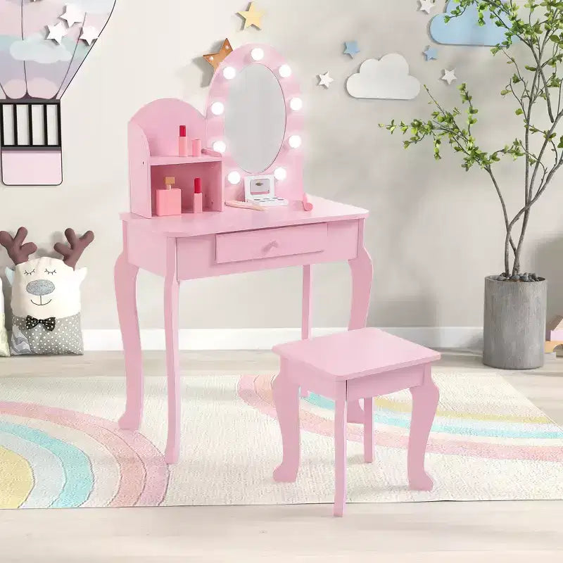 Prinzessinnen-Schminktisch für Kinder, kleiner Schminktisch und Hocker für Mädchen zum Spielen mit beleuchtetem Spiegel, Make-up-Spielset, Aufbewahrungsschublade