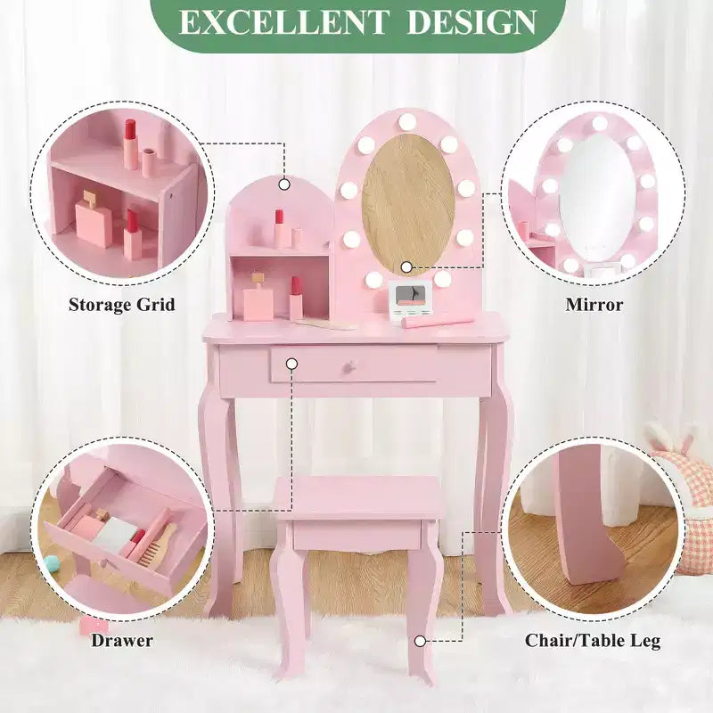 Prinzessinnen-Schminktisch für Kinder, kleiner Schminktisch und Hocker für Mädchen zum Spielen mit beleuchtetem Spiegel, Make-up-Spielset, Aufbewahrungsschublade