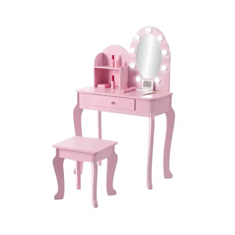 Prinzessinnen-Schminktisch für Kinder, kleiner Schminktisch und Hocker für Mädchen zum Spielen mit beleuchtetem Spiegel, Make-up-Spielset, Aufbewahrungsschublade
