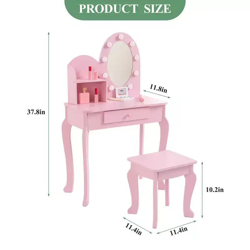Prinzessinnen-Schminktisch für Kinder, kleiner Schminktisch und Hocker für Mädchen zum Spielen mit beleuchtetem Spiegel, Make-up-Spielset, Aufbewahrungsschublade