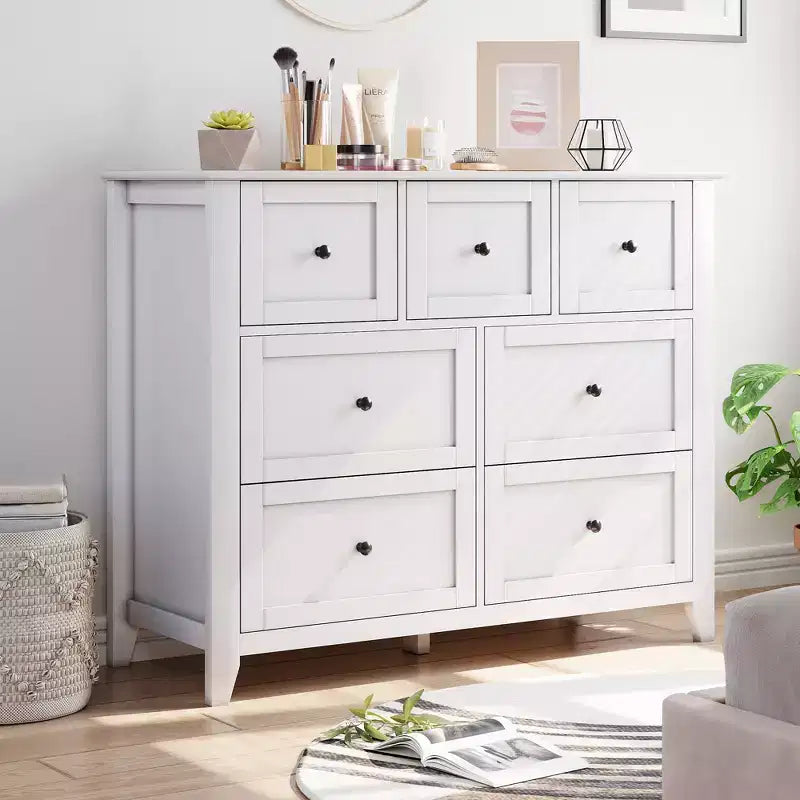 7 Drawer Dresser for Bedroom, Wooden Closet Dressers Storage OrganizerWide Modern Chest of Drawers  for Living Room,