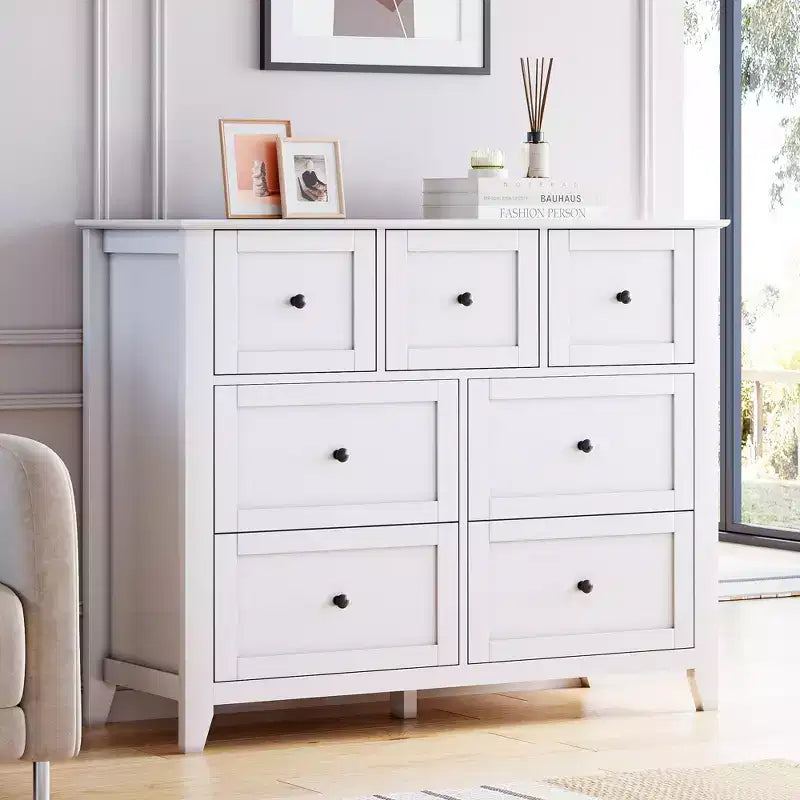 7-Schubladen-Kommode für Schlafzimmer, Holzschrank-Kommode Aufbewahrungsorganisator, breite moderne Kommode für Wohnzimmer,