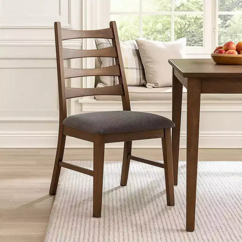 Royal Hampton Dining Side Chair Set of 2, Slatted, Dark Gray Linen Seat, Brown