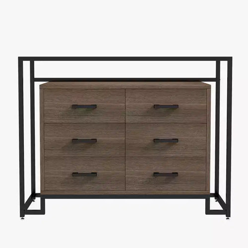 6 Drawers Dresser, Steel Tempered Glass Triamine Board Raised Bottom Six Drawer Storage Cabinet  for Living Room Bedroom