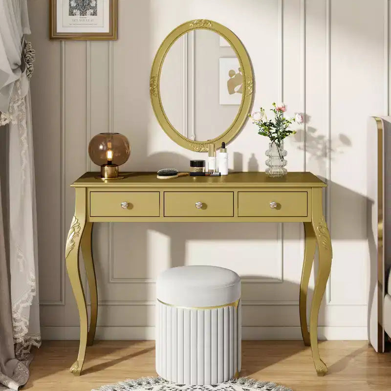 Luxury Dressing Table with 3-Drawer Console for Storage, Wall-Mounted Oval Mirror, Elegant Beauty Station for Bedroom, Dressing Room, Salon