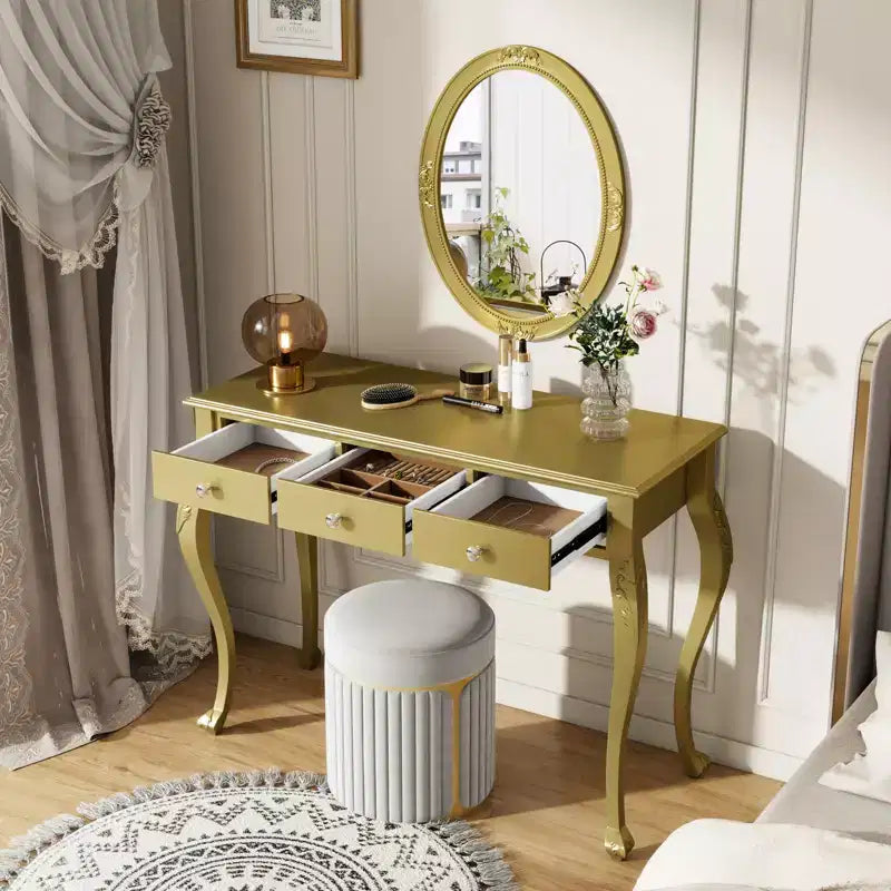 Luxuriöser Schminktisch mit 3-Schubladen-Konsole zur Aufbewahrung, Wandmontierter ovaler Spiegel, Elegante Beauty-Station für Schlafzimmer, Ankleidezimmer, Salon
