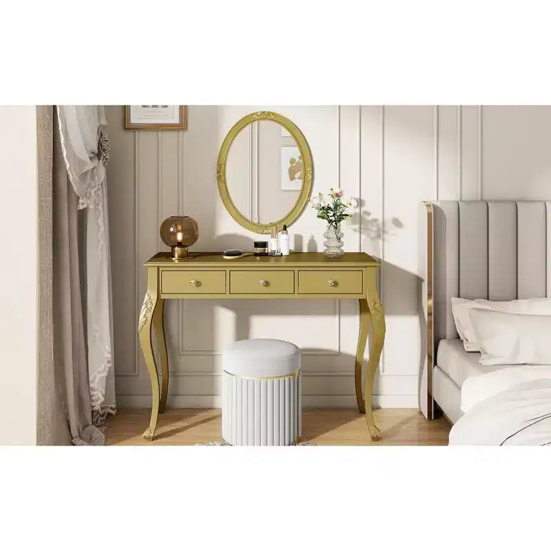 Luxuriöser Schminktisch mit 3-Schubladen-Konsole zur Aufbewahrung, Wandmontierter ovaler Spiegel, Elegante Beauty-Station für Schlafzimmer, Ankleidezimmer, Salon