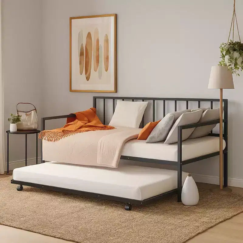Royal Hampton Daybed with Pull Out Trundle, Black Slatted Open Metal Frame