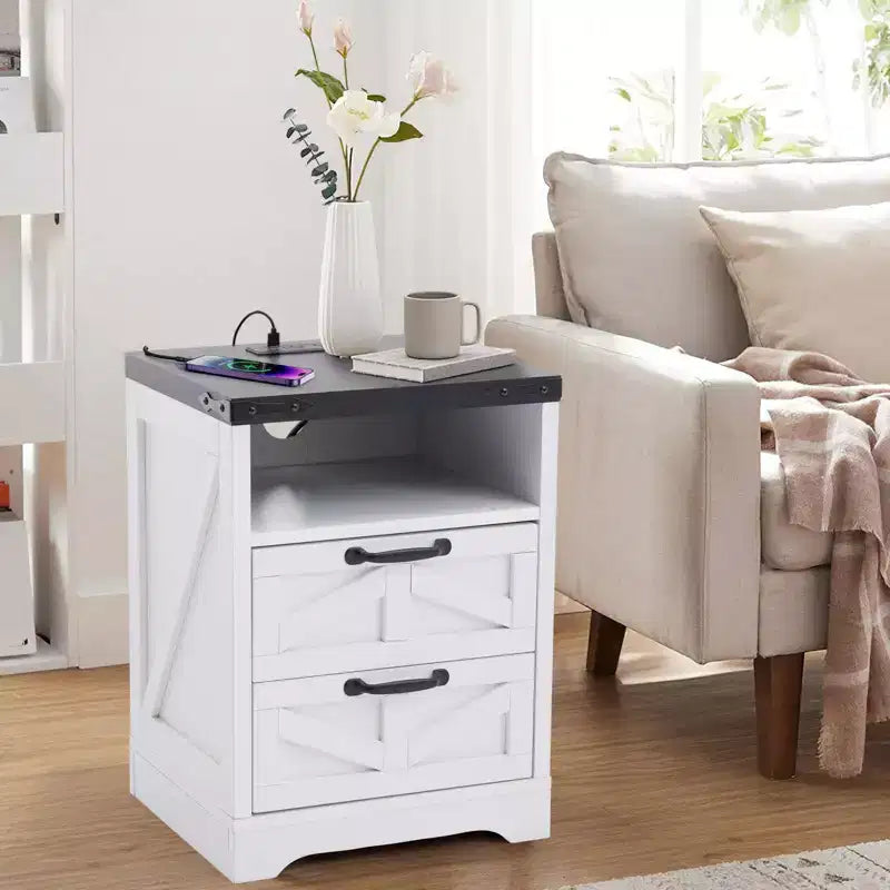 COZONY Nightstand with Charging Station, 2 AC Outlets & 2 USB Ports, Industrial Bedside Table with 2 Drawers for Bedroom