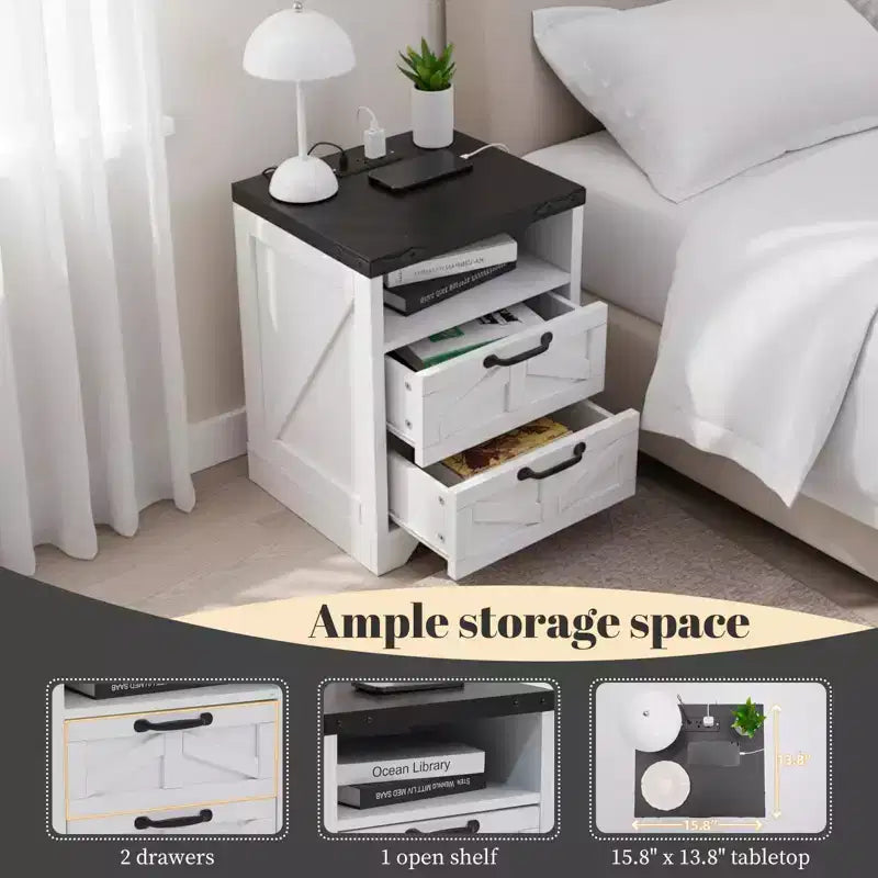 COZONY Nachttisch mit Ladestation, 2 Wechselstromanschlüssen und 2 USB-Anschlüssen, Nachttisch im Industriestil mit 2 Schubladen für das Schlafzimmer