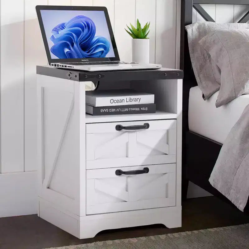 COZONY Nachttisch mit Ladestation, 2 Wechselstromanschlüssen und 2 USB-Anschlüssen, Nachttisch im Industriestil mit 2 Schubladen für das Schlafzimmer