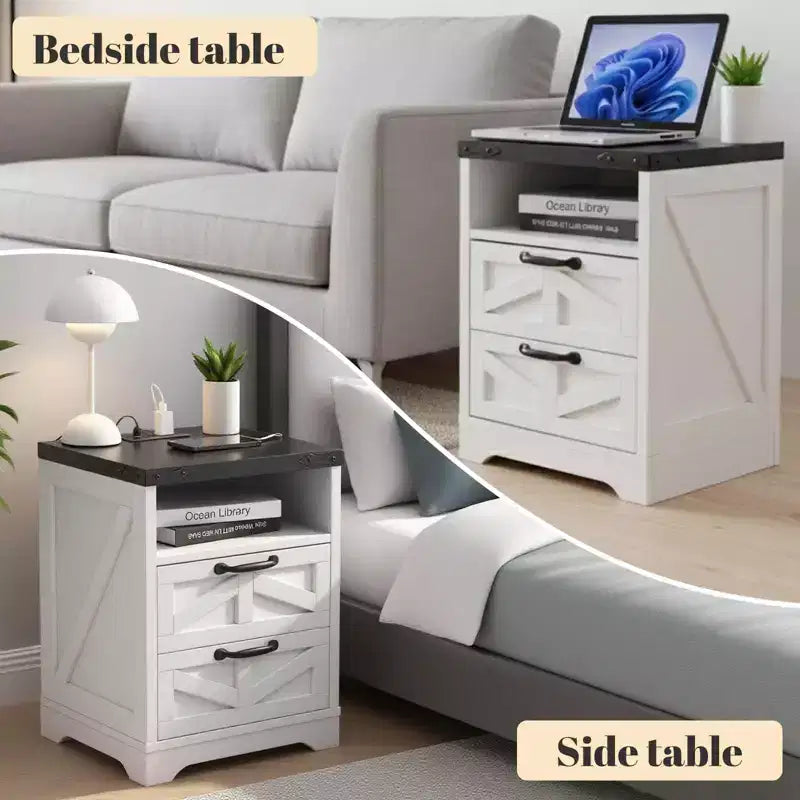 COZONY Nachttisch mit Ladestation, 2 Wechselstromanschlüssen und 2 USB-Anschlüssen, Nachttisch im Industriestil mit 2 Schubladen für das Schlafzimmer