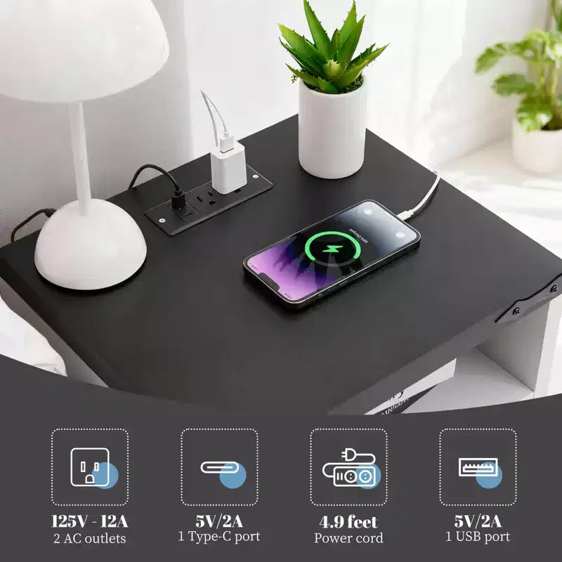COZONY Nachttisch mit Ladestation, 2 Wechselstromanschlüssen und 2 USB-Anschlüssen, Nachttisch im Industriestil mit 2 Schubladen für das Schlafzimmer