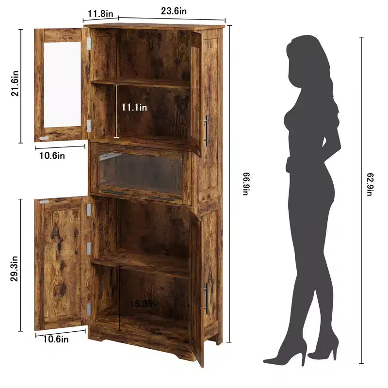 67 Hochschrank mit Glastüren, verstellbaren Einlegeböden und Schublade, für Bad, Esszimmer, Wohnzimmer