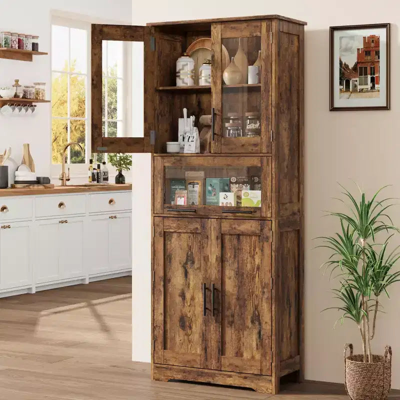 67 Hochschrank mit Glastüren, verstellbaren Einlegeböden und Schublade, für Bad, Esszimmer, Wohnzimmer