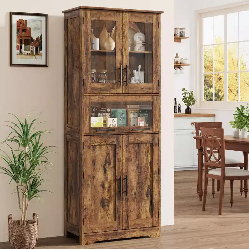 67 Hochschrank mit Glastüren, verstellbaren Einlegeböden und Schublade, für Bad, Esszimmer, Wohnzimmer