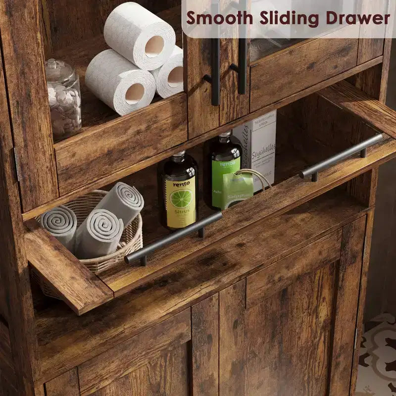 67 Hochschrank mit Glastüren, verstellbaren Einlegeböden und Schublade, für Bad, Esszimmer, Wohnzimmer