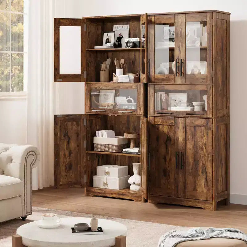 67 Hochschrank mit Glastüren, verstellbaren Einlegeböden und Schublade, für Bad, Esszimmer, Wohnzimmer