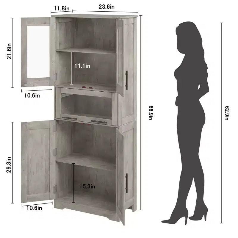 67 Hochschrank mit Glastüren, verstellbaren Einlegeböden und Schublade, für Bad, Esszimmer, Wohnzimmer