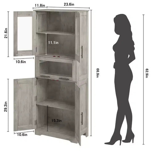 67 Hochschrank mit Glastüren, verstellbaren Einlegeböden und Schublade, für Bad, Esszimmer, Wohnzimmer