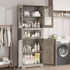 67 Hochschrank mit Glastüren, verstellbaren Einlegeböden und Schublade, für Bad, Esszimmer, Wohnzimmer