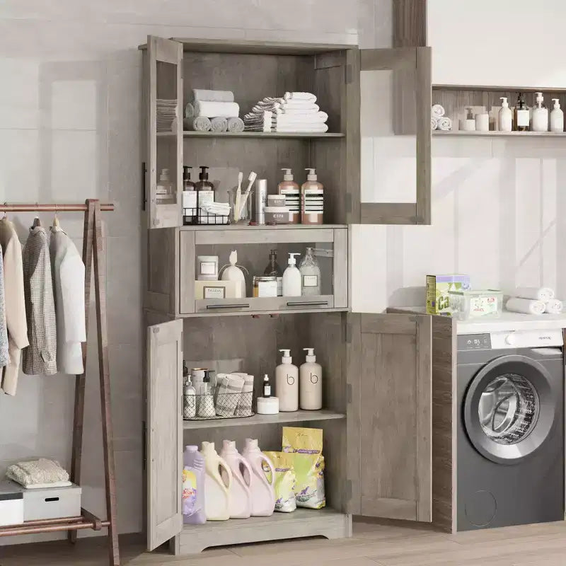 67 Hochschrank mit Glastüren, verstellbaren Einlegeböden und Schublade, für Bad, Esszimmer, Wohnzimmer
