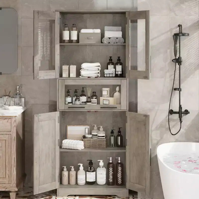 67 Hochschrank mit Glastüren, verstellbaren Einlegeböden und Schublade, für Bad, Esszimmer, Wohnzimmer