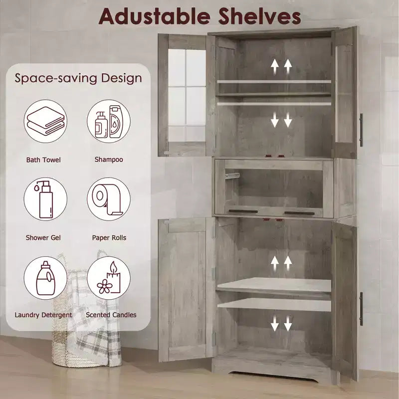 67 Hochschrank mit Glastüren, verstellbaren Einlegeböden und Schublade, für Bad, Esszimmer, Wohnzimmer