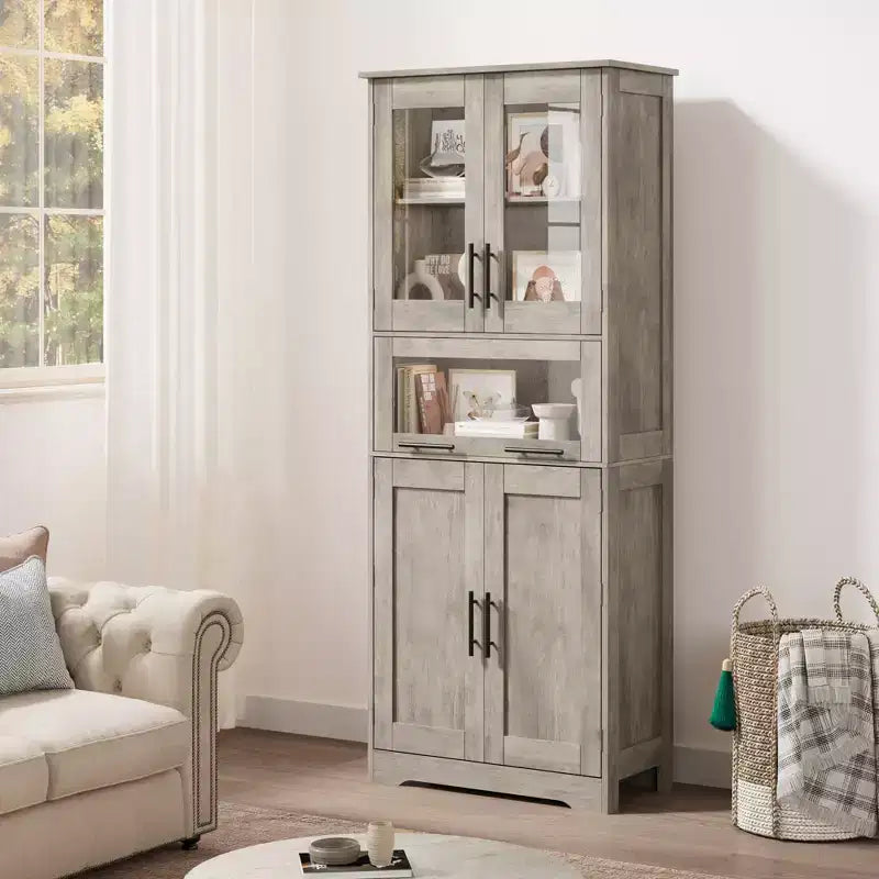 67 Hochschrank mit Glastüren, verstellbaren Einlegeböden und Schublade, für Bad, Esszimmer, Wohnzimmer