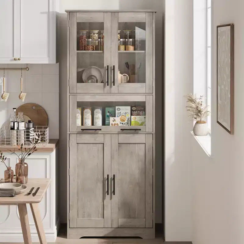 67 Hochschrank mit Glastüren, verstellbaren Einlegeböden und Schublade, für Bad, Esszimmer, Wohnzimmer