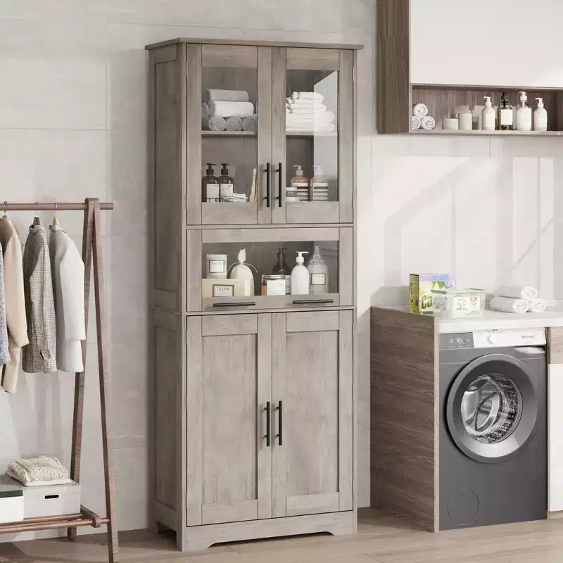 67 Tall Kitchen Pantry Storage Cabinet with Glass Doors, Adjustable Shelves, Drawer, for Bathroom, Dining Room, Living Room