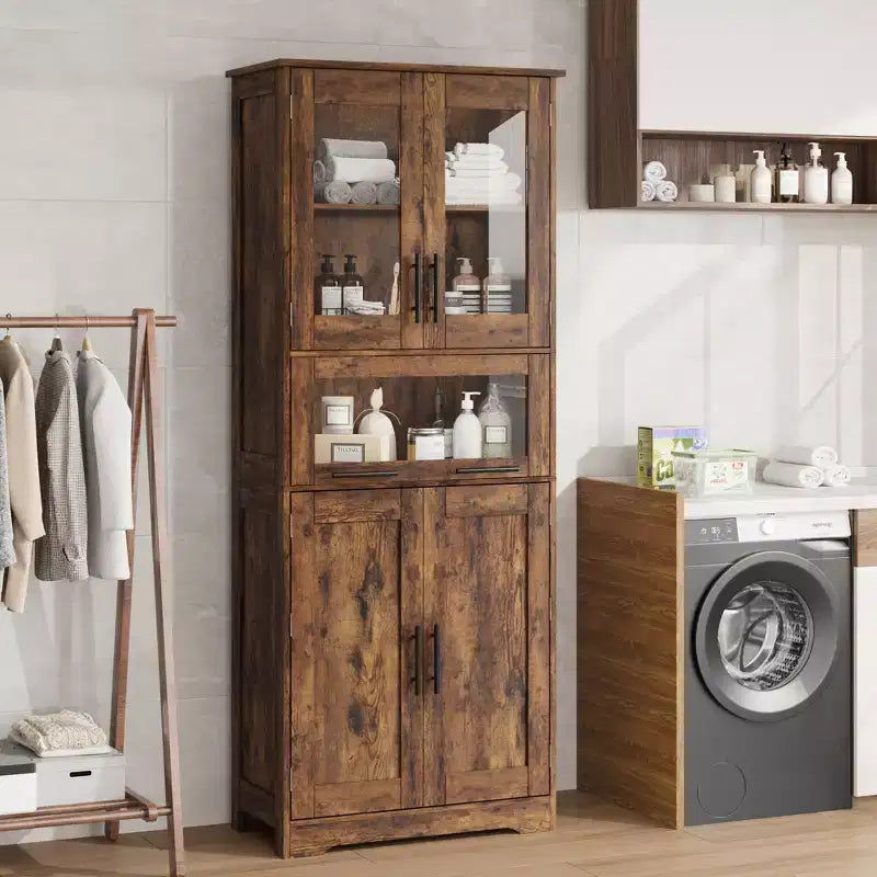67 Hochschrank mit Glastüren, verstellbaren Einlegeböden und Schublade, für Bad, Esszimmer, Wohnzimmer