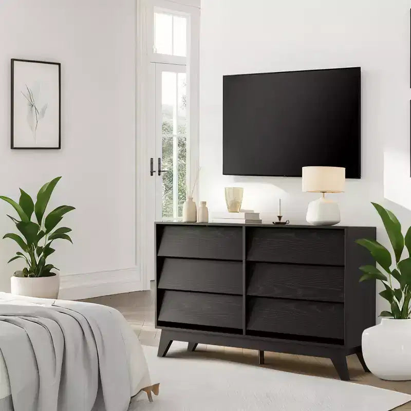 6-Schubladen-Kommode für Schlafzimmer, 120 cm breite Mid-Century-Kommode, TV-Lowboard aus Holz, für Schlafzimmer, Wohnzimmer, Flur