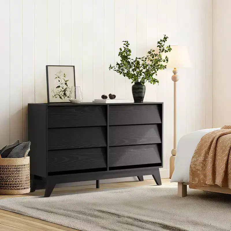 6-Schubladen-Kommode für Schlafzimmer, 120 cm breite Mid-Century-Kommode, TV-Lowboard aus Holz, für Schlafzimmer, Wohnzimmer, Flur